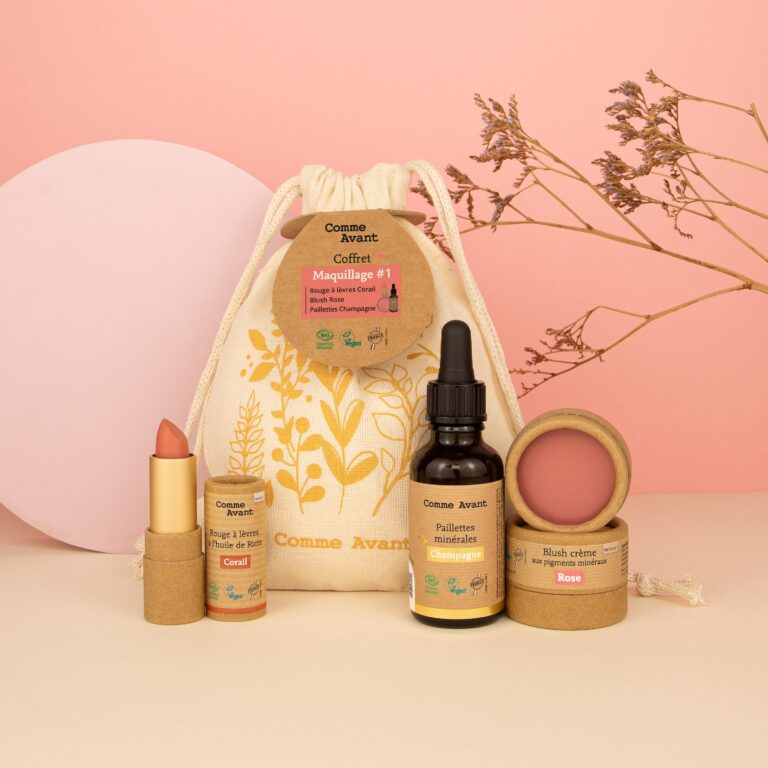 Comme Avant - Coffret maquillage – #2 - Blush Corail - Rouge à lèvres Prune - Paillettes Bronze