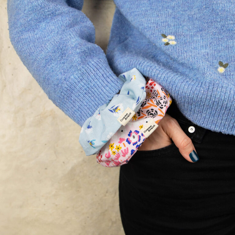 Comme Avant - Chouchou cheveux en coton - Version 1 – Lot Grand + Petit format / Fleurs bleues