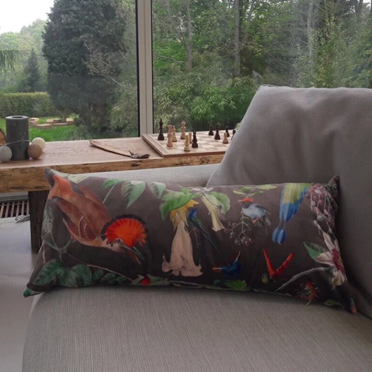 Fleur de Soleil - Coussin velours oiseaux taupe – 30 x 60 cm