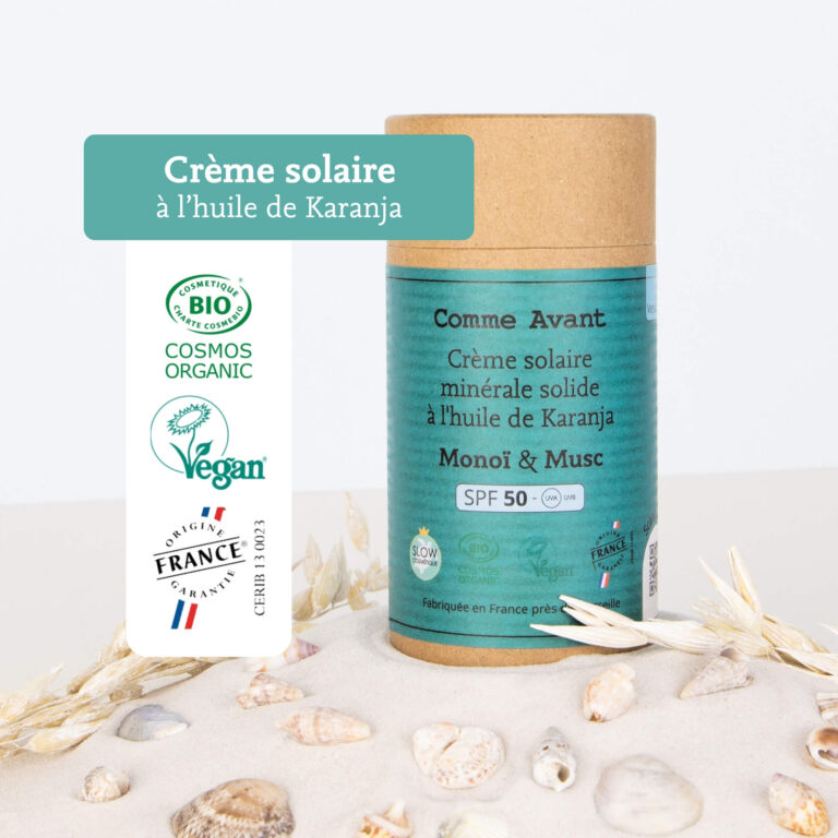 Comme Avant - Crème solaire SPF50 minérale solide à l'huile de karanja - Version 3 – 1 crème solaire - 80g / Pêche & Abricot