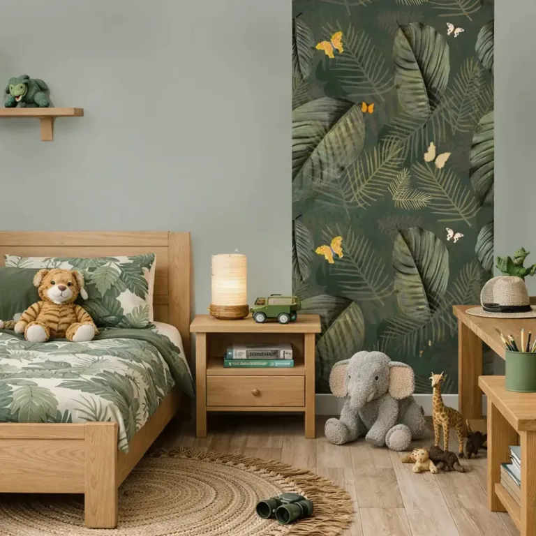 le papier peint jungle Atelier Baby’Sphère - Lé de papier peint jungle tropicale – Feuillages et papillons