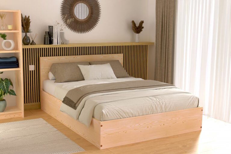 ABC MEUBLES - Lit coffre 2 places en bois avec tête de lit - 140x200