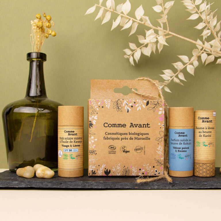 Comme Avant - Mini coffret à suspendre – Stick solaire SPF50 / Parfum Musc & Bois de Hô / Baume à lèvres Menthe
