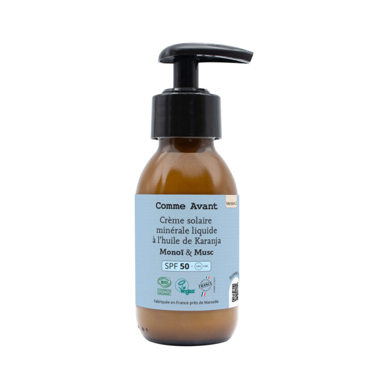 Comme Avant - Crème solaire SPF50 minérale liquide à l'huile de karanja - Version 2 – 1 crème solaire - 90ml / Pêche & Abricot
