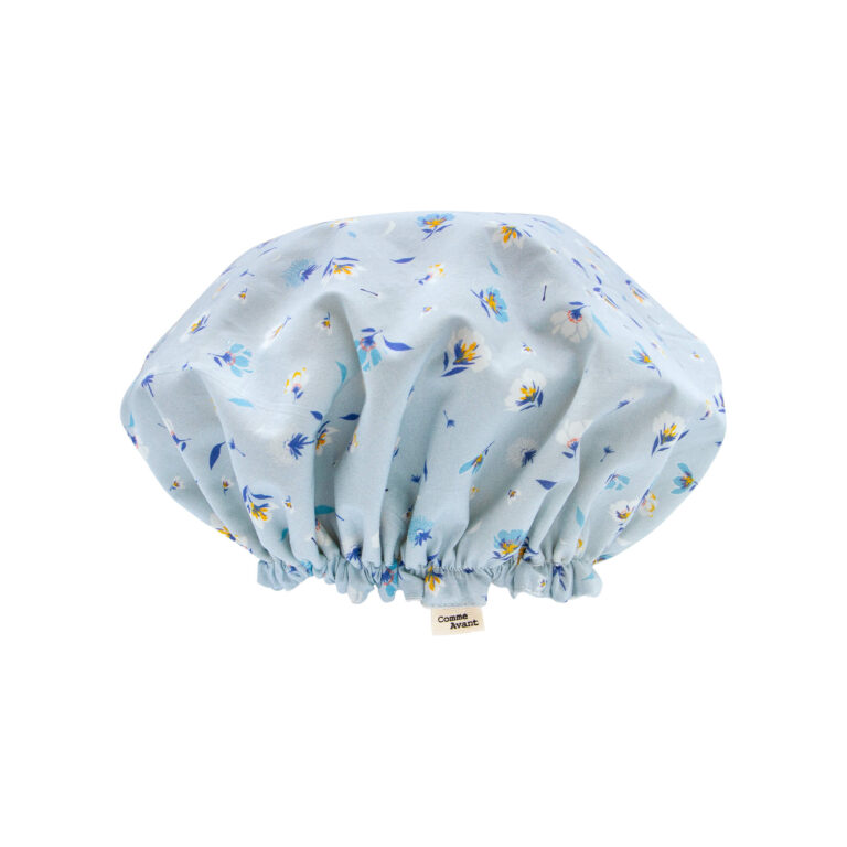 Comme Avant - Bonnet Charlotte de douche en coton - Version 1 – Lot Adulte + Enfant / Fleurs bleues