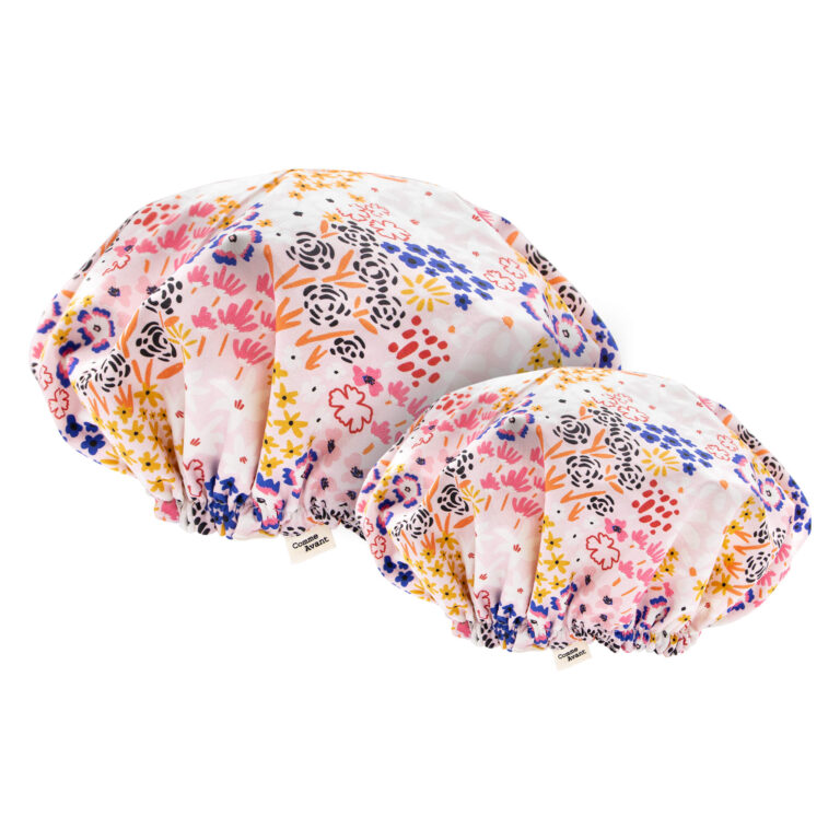 Comme Avant - Bonnet Charlotte de douche en coton - Version 1 – Lot Adulte + Enfant / Fleurs bleues