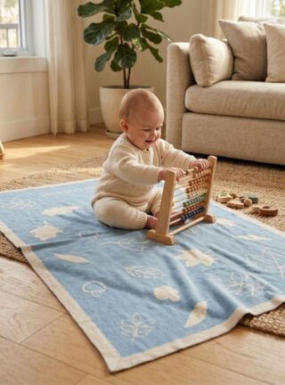 Plaid bébé personnalisable motif sous-bois laine mérinos bleu pastel par la marque MAISON SOLFIN MAISON SOLFIN - Plaid bébé personnalisable motif sous-bois laine mérinos bleu pastel