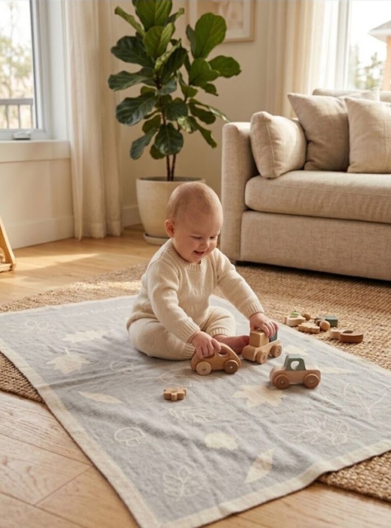 Maison Solfin - Plaid bébé personnalisable motif sous-bois laine mérinos gris métal – 125/70