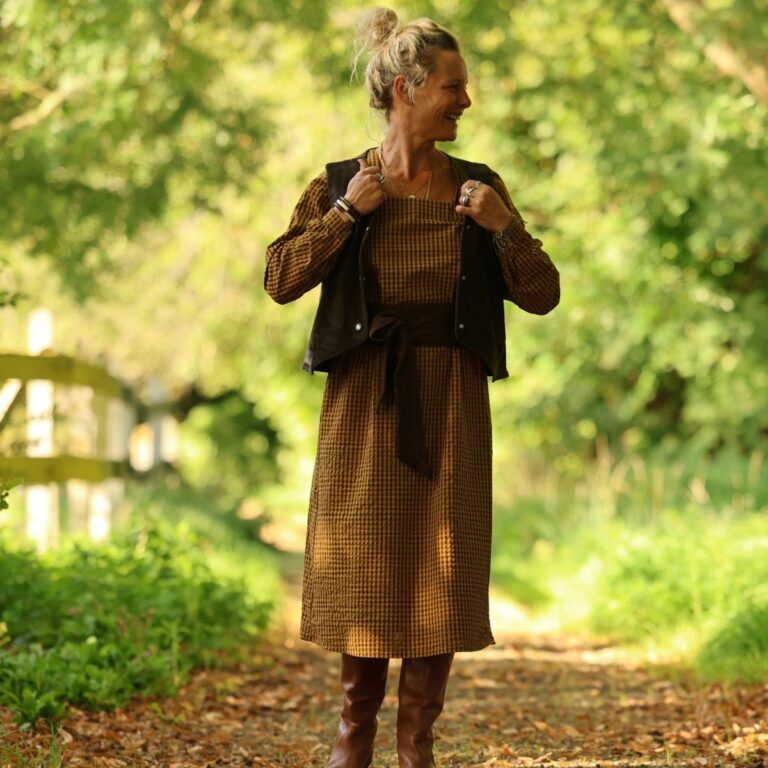 Quintessence - Robe Adélaïde — Seersucker vichy miel & chocolat – XXL