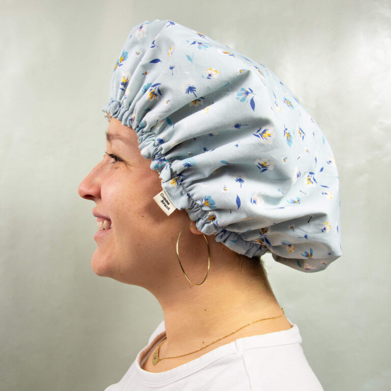 Comme Avant - Bonnet Charlotte de douche en coton - Version 1 – Lot Adulte + Enfant / Fleurs bleues