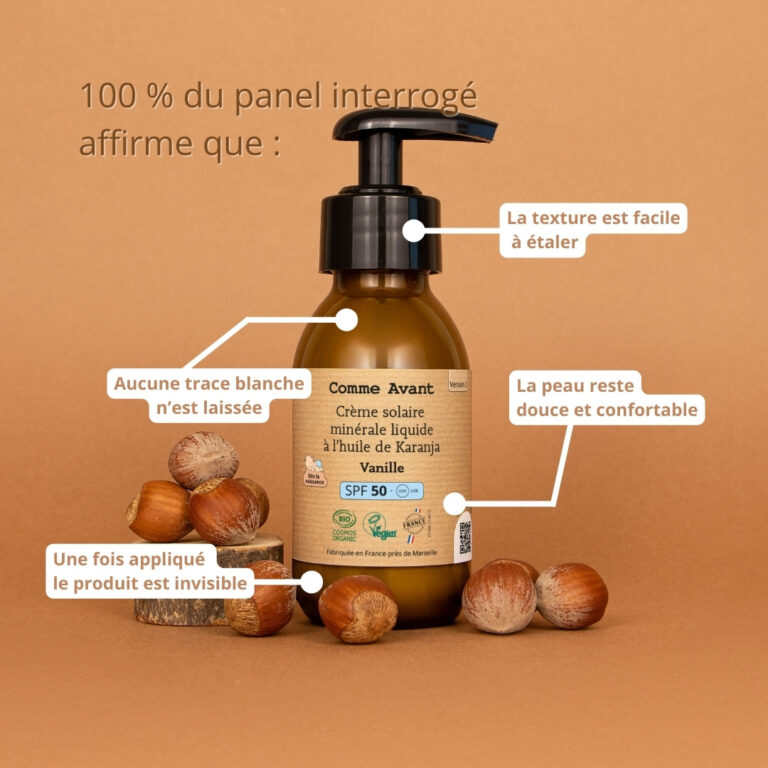 Comme Avant - Crème solaire SPF50 minérale liquide à l'huile de karanja - Version 2 – 1 crème solaire - 90ml / Monoï & Musc