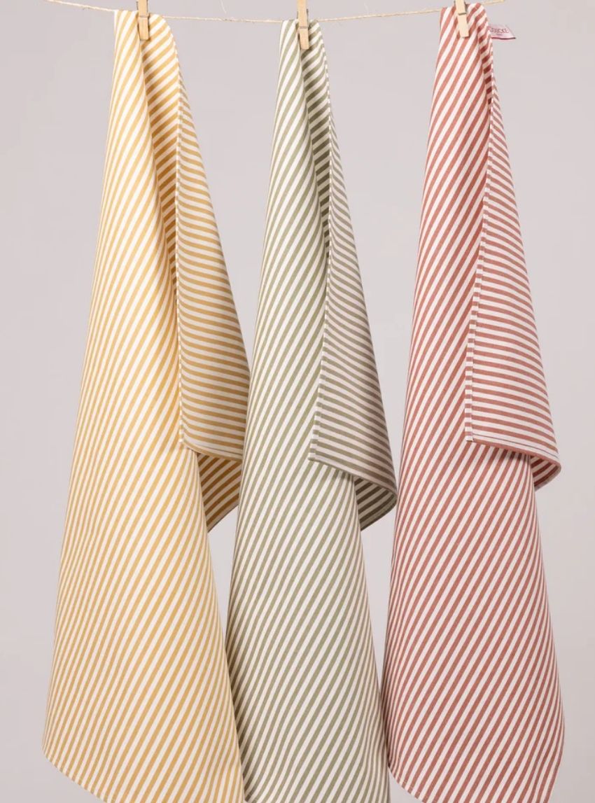 torchons lin made france Maison Solfin - Lot de 3 torchons rayés coton kaki terracotta moutarde – U