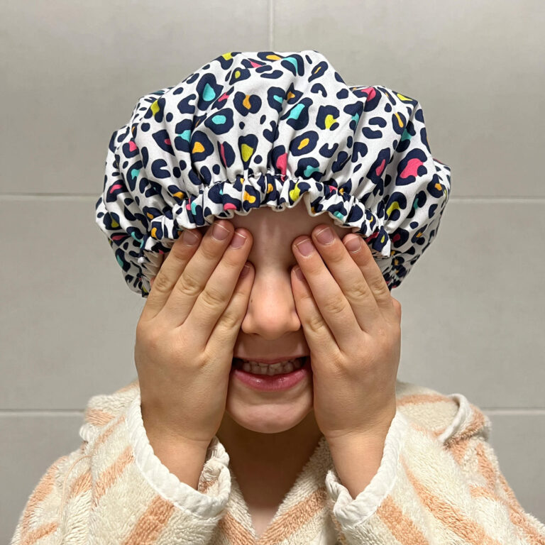 Comme Avant - Bonnet Charlotte de douche en coton - Version 1 – Lot Adulte + Enfant / Fleurs bleues