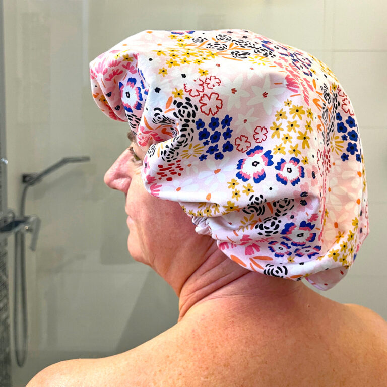 Comme Avant - Bonnet Charlotte de douche en coton - Version 1 – Lot Adulte + Enfant / Fleurs bleues