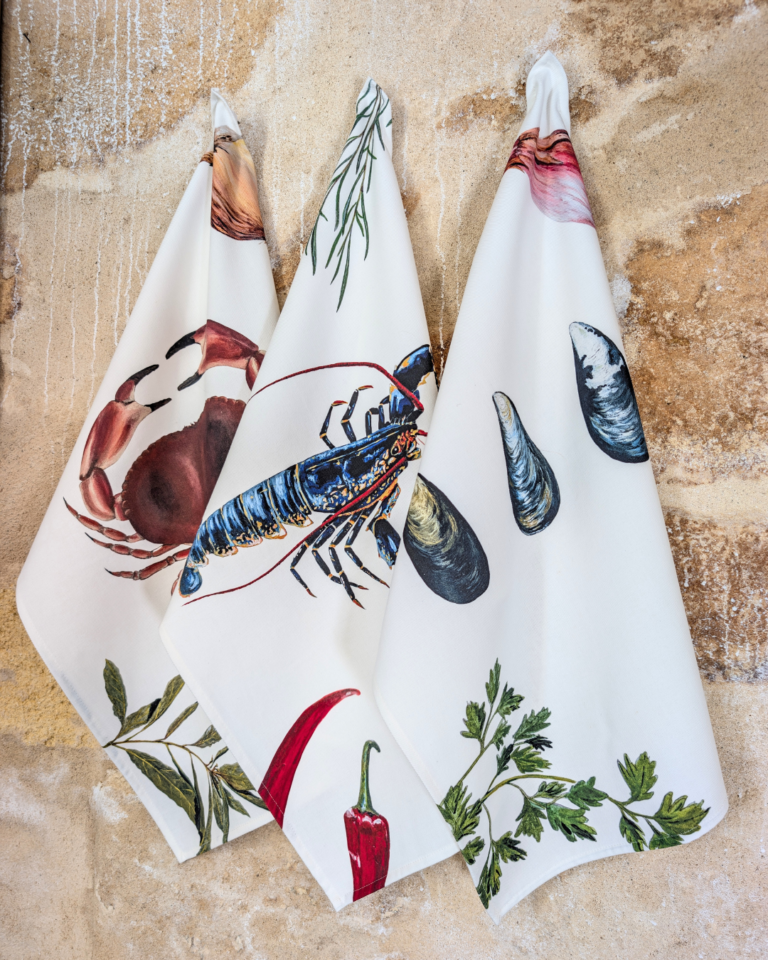varek.illustrations - Lot de 3 Torchons 100% coton : Les Recettes de Fruits de Mer
