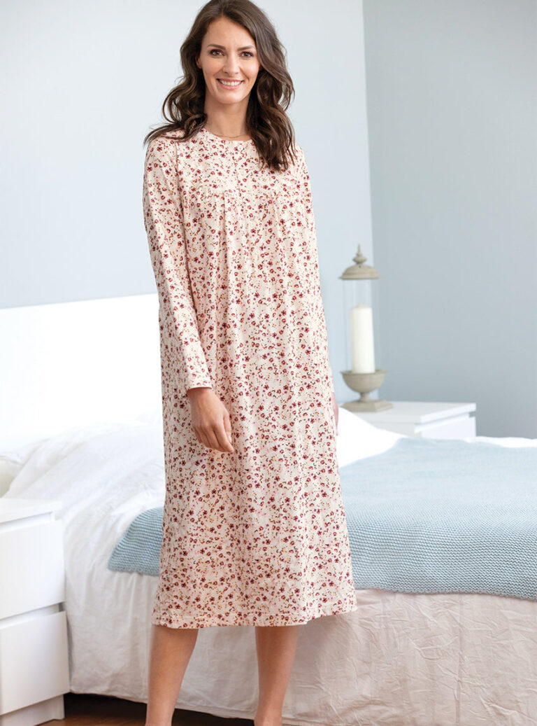 7256 RFL 1 chemise de nuit femme coton rose fleur Maison-solfin - Chemise de nuit femme imprimée en coton rose fleur – 1