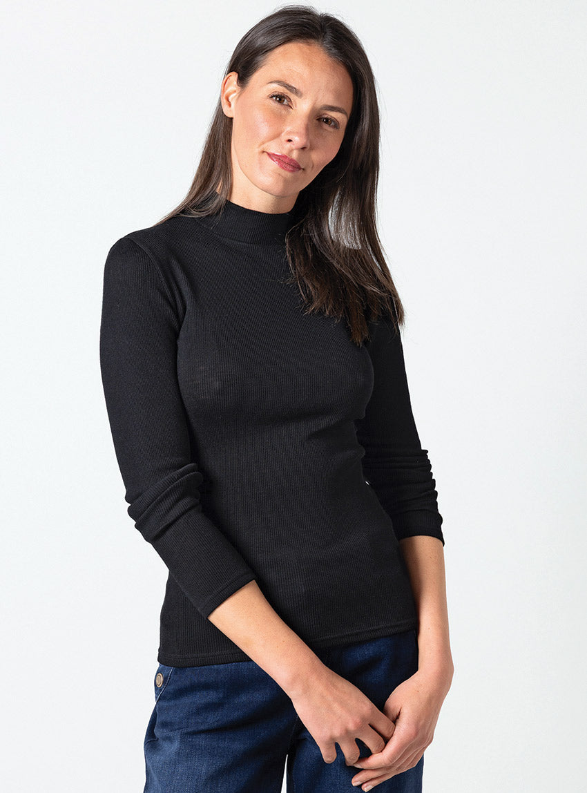 7650 NOI 1 pull chaussette femme laine soie noir Maison Solfin - Pull chaussette femme col montant noir – 5