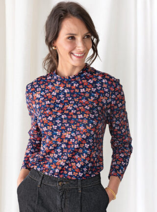 T-shirt femme coton à fleurs bleu marine par la marque MAISON SOLFIN MAISON SOLFIN - T-shirt femme coton à fleurs bleu marine