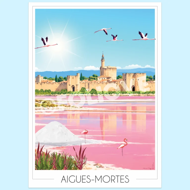 Affiche aigues mortes Foliove 4 Foliove - Affiche Aigues-Mortes Remparts et salins roses – 100x140 cm (B0)