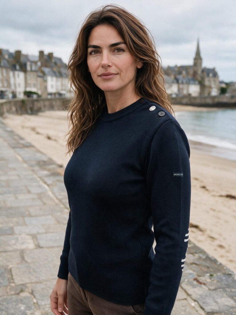 Baie des Caps - Pull marin femme à coudières Ancre rayée — 100 % laine vierge – Bleu Marine / Ajusté / XL