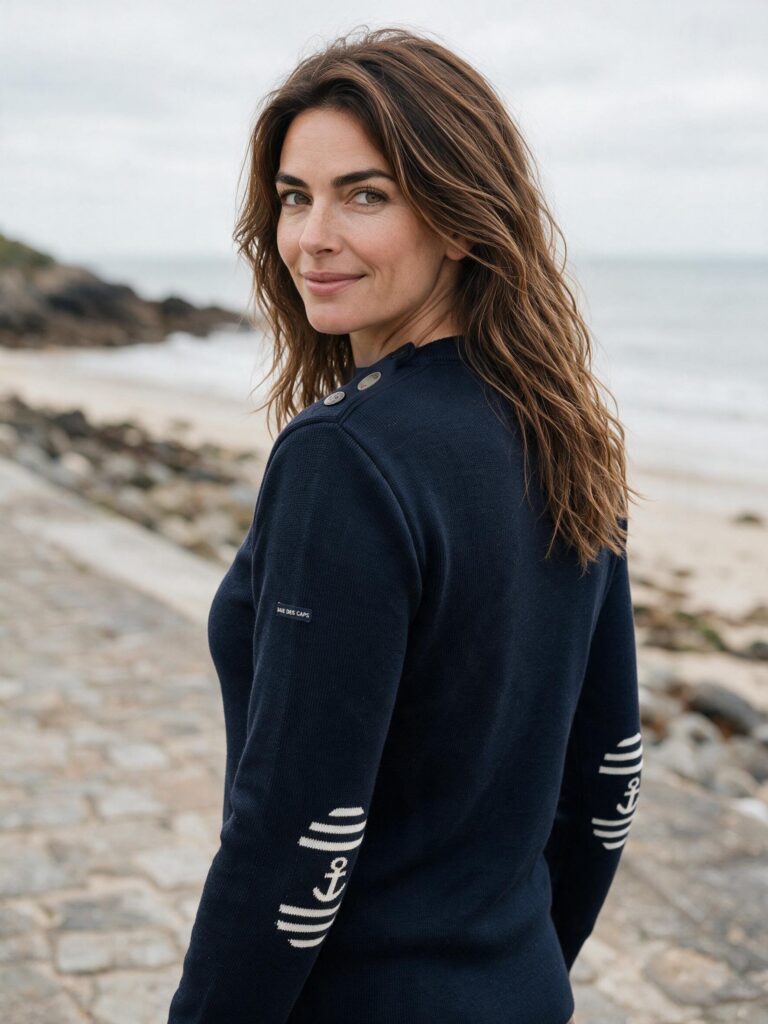 Baie des Caps - Pull marin femme à coudières Ancre rayée — 100 % laine vierge – Bleu Marine / Ajusté / XL