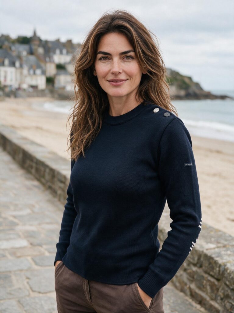 Baie des Caps - Pull marin femme à coudières Ancre rayée — 100 % laine vierge – Bleu Marine / Ajusté / XL
