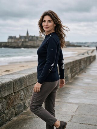 Baie des Caps - Pull marin femme à coudières Ancre rayée — 100 % laine vierge