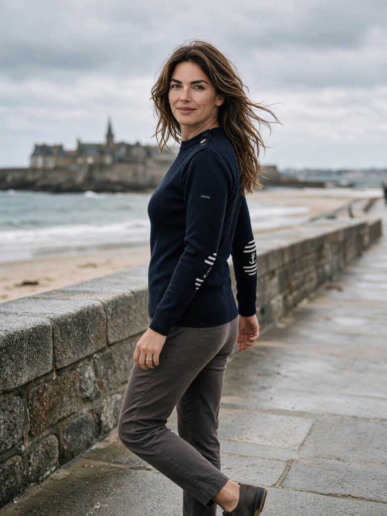 Ancre rayee femme ajuste profil Baie des Caps - Pull marin femme à coudières Ancre rayée — 100 % laine vierge – Bleu Marine / Ajusté / XL