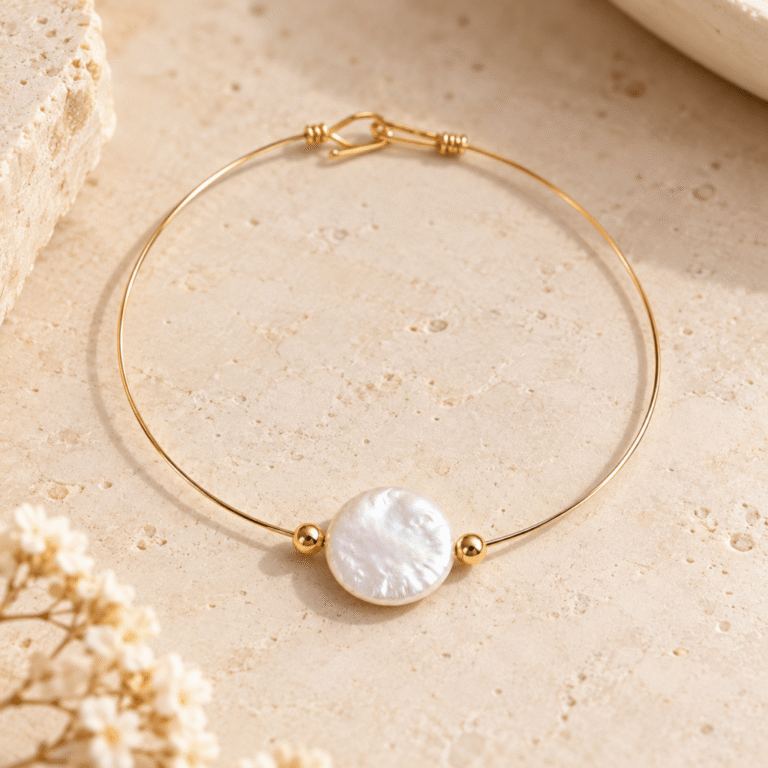 Bracelet Arrow dore et perle nacree sur marbre 1024x1024 1 Maison Mallow - Bracelet Arrow en gold filled 14K et perle d'eau douce – L