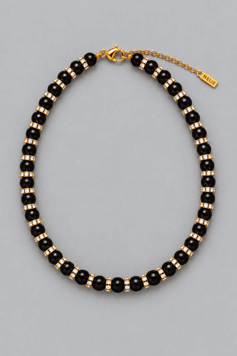 NEIJE - Collier Madame Bovary Onyx avec Diamants – 50 cm + extension de 5 cm