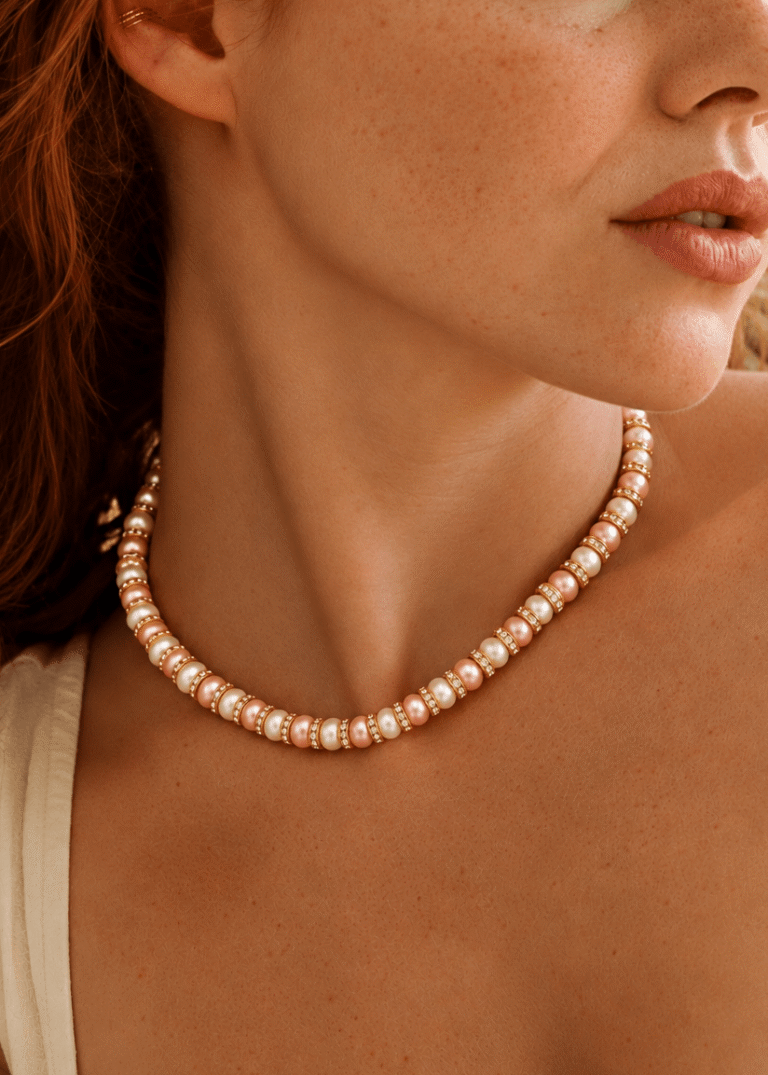 Collier Perles Roses b8315678 f2eb 4c59 9485 a99a8adf2e8a NEIJE - Collier Schachmatt Perles de Culture Roses et Blanches avec Diamants – 50 cm + extension de 5 cm