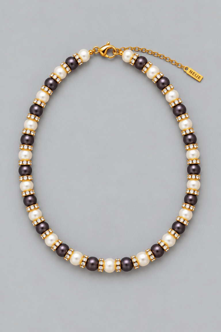 NEIJE - Collier Schachmatt Perles de Culture Noires et Blanches avec Diamants – 50 cm + extension de 5 cm