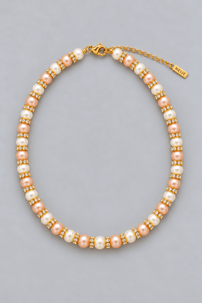 NEIJE - Collier Schachmatt Perles de Culture Roses et Blanches avec Diamants – 50 cm + extension de 5 cm