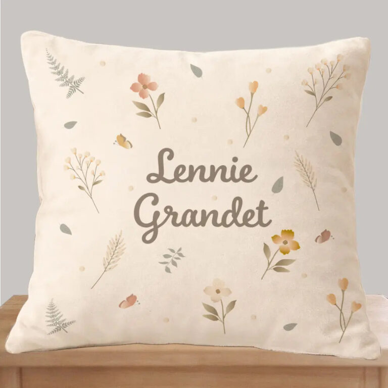 Coussin maternelle nature floral Atelier Baby’Sphère - Coussin nature floral minimaliste personnalisé – Fleurs naturelles & branches fines – 40x40cm / Avec / Oui
