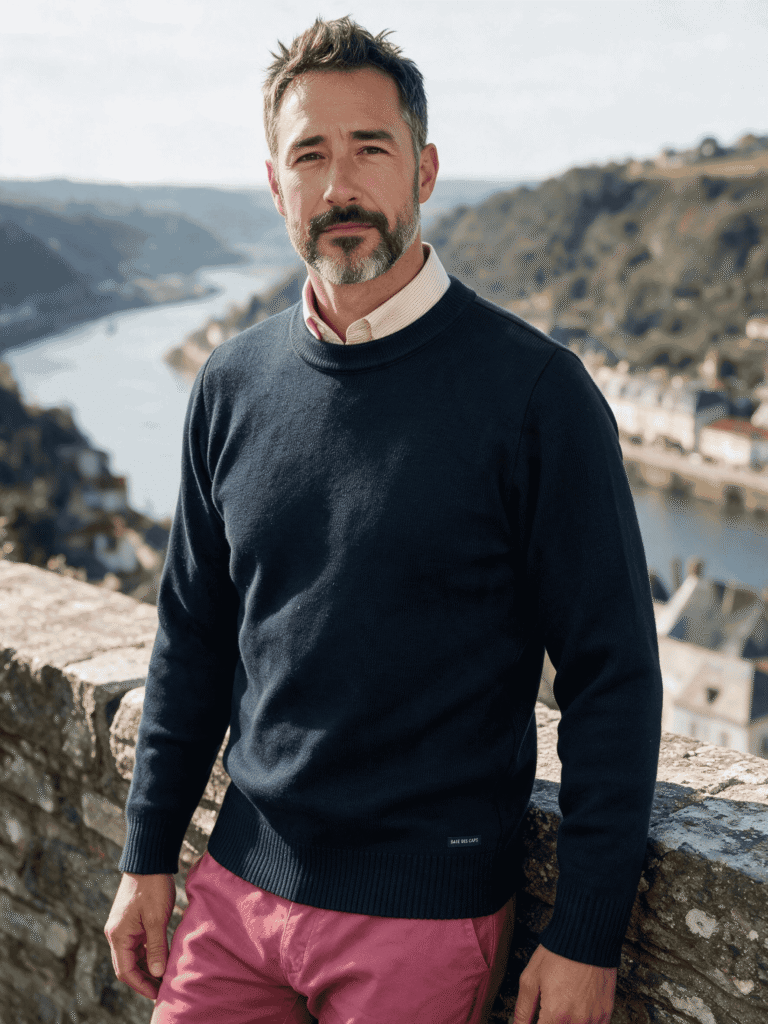 FAOUET R marine 100 face1 Baie des Caps - Pull col rond "Faouet" 100% laine vierge – Bleu Marine / 4XL