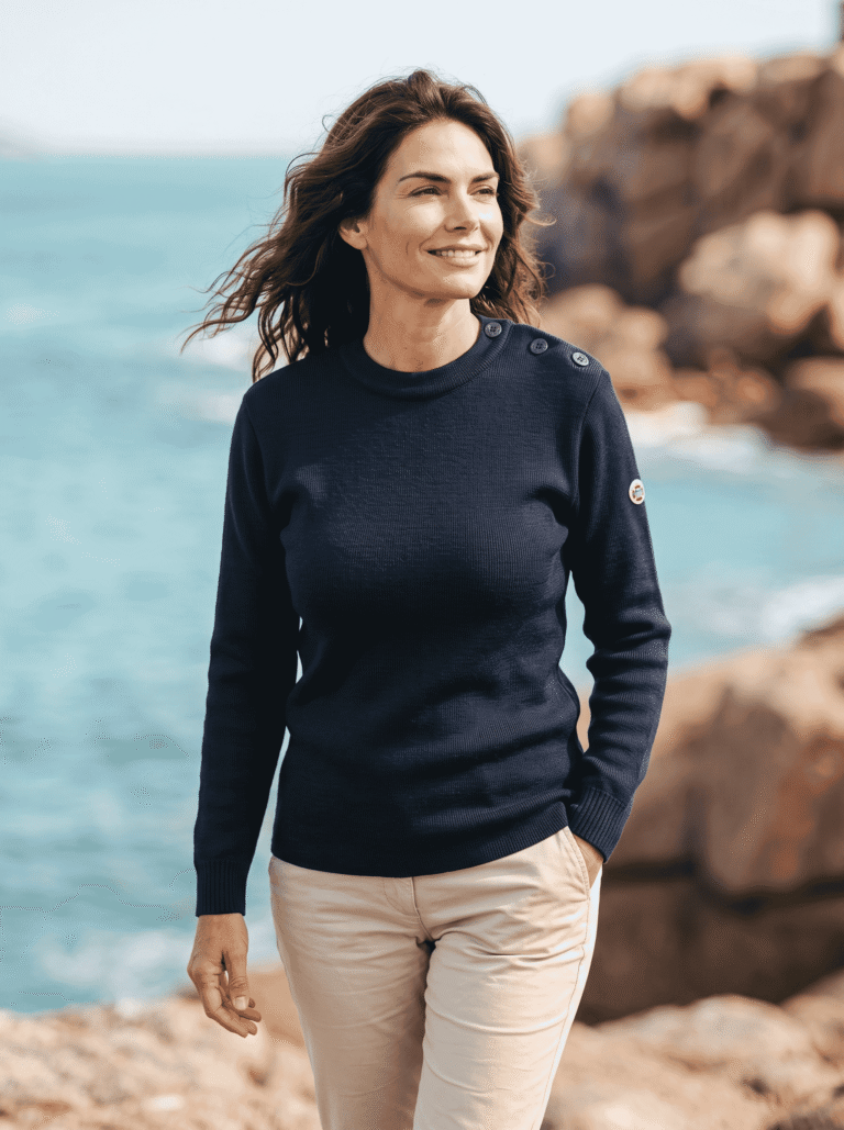 Baie des Caps - Pull marin femme Petit Erquy 100% laine vierge Bretagne – Marine Emeraude / 1 (XS)