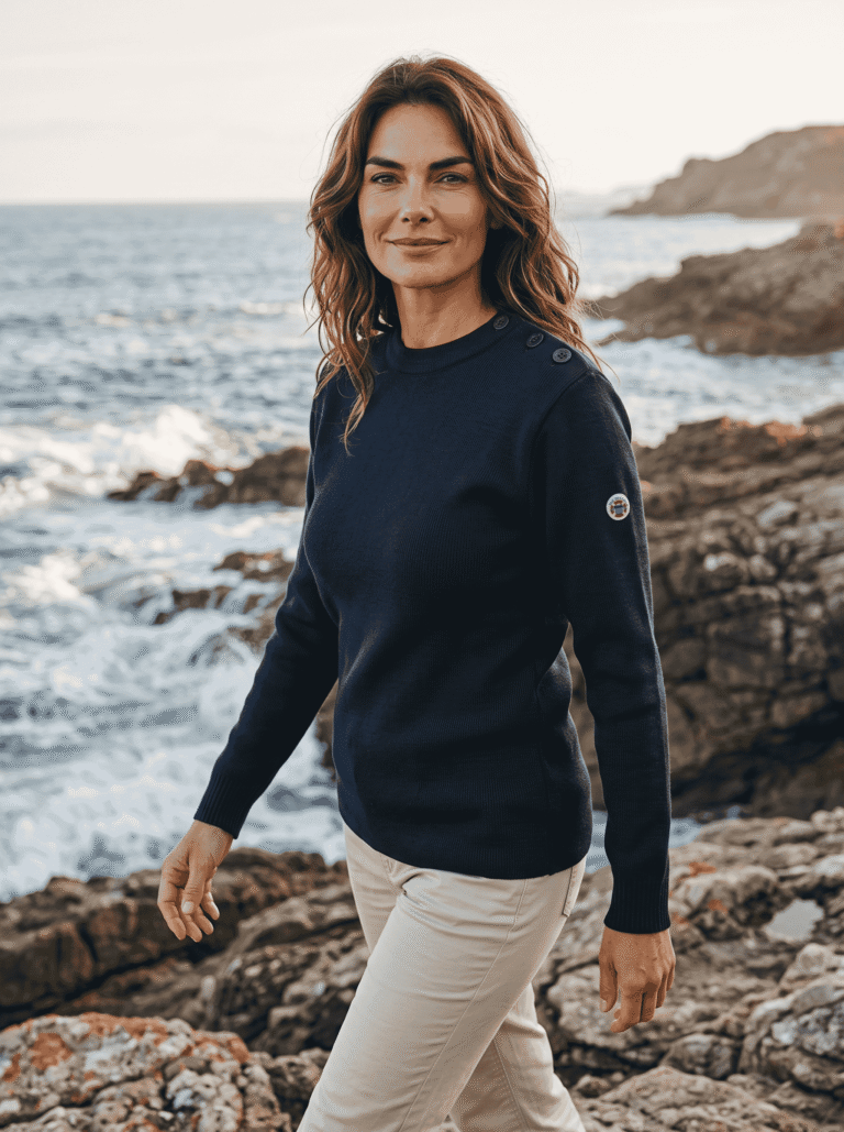 Baie des Caps - Pull marin femme Petit Erquy 100% laine vierge Bretagne – Marine Emeraude / 1 (XS)