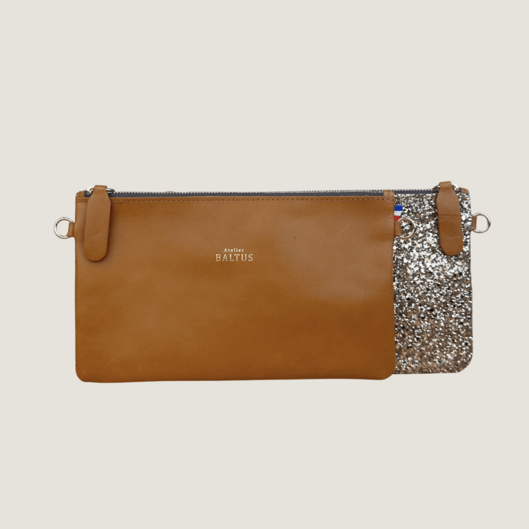 Atelier BALTUS - Juliette - Pochette bicolore plate en cuir – Anis / Gold / Bandoulière fine