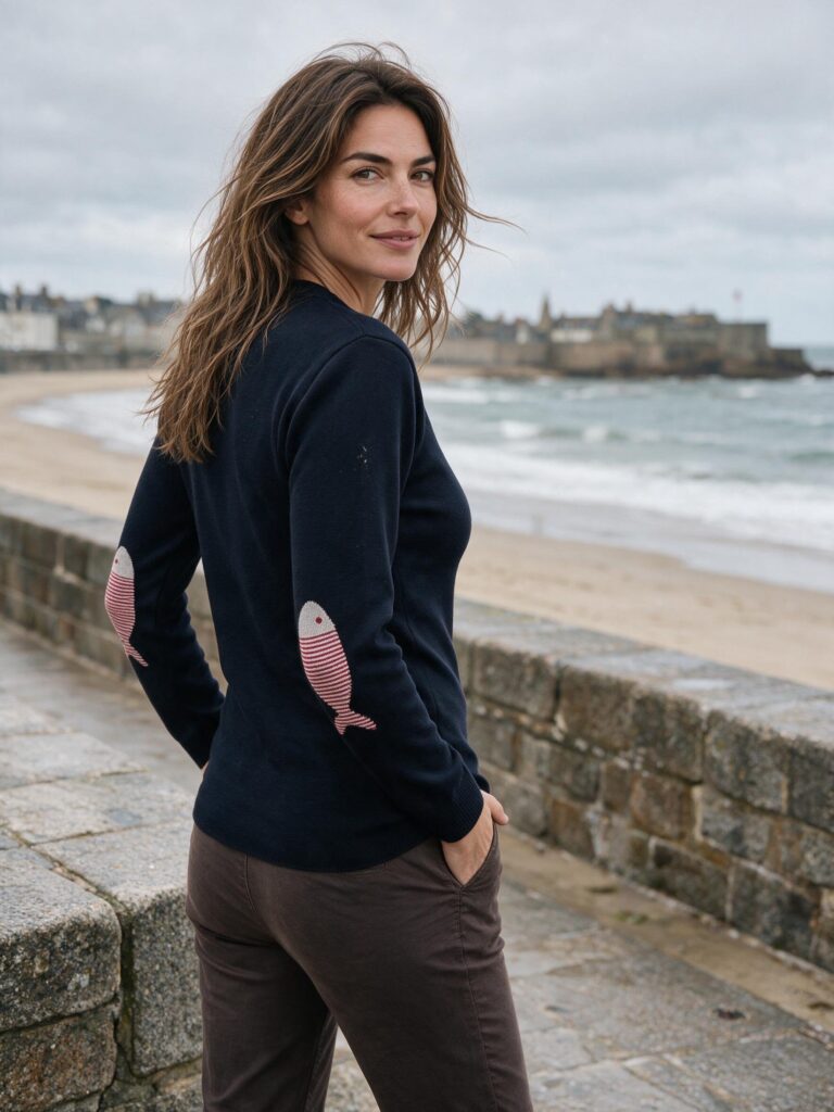 Baie des Caps - Pull marin laine vierge à coudières Poisson rayé - Baie des Caps – Marine / Confort / XL