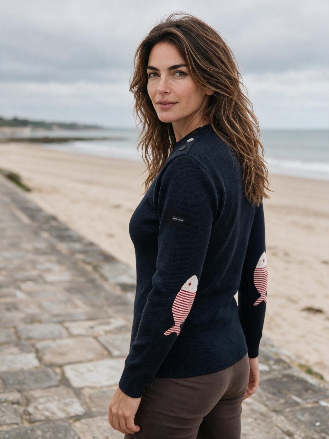 Poisson raye femme ajuste dos gadroit Baie des Caps - Pull marin laine vierge à coudières Poisson rayé - Baie des Caps – Marine / Confort / XL