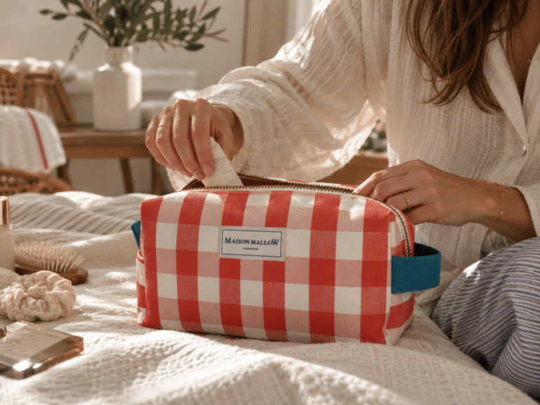 Maison Mallow - Trousse de toilette XXL vichy rouge corail et blanc – poignées bleues