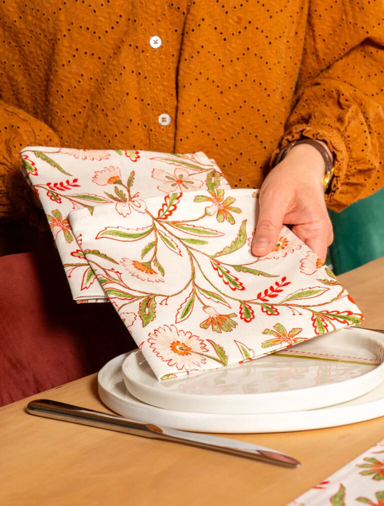 SERVIETTES LA CLE DES CHAMPS PRAIRIE 1 Maison Primavera - Lot de 6 serviettes en coton et lin à motif Prairie - La Clé des champs – 50 x 50 cm