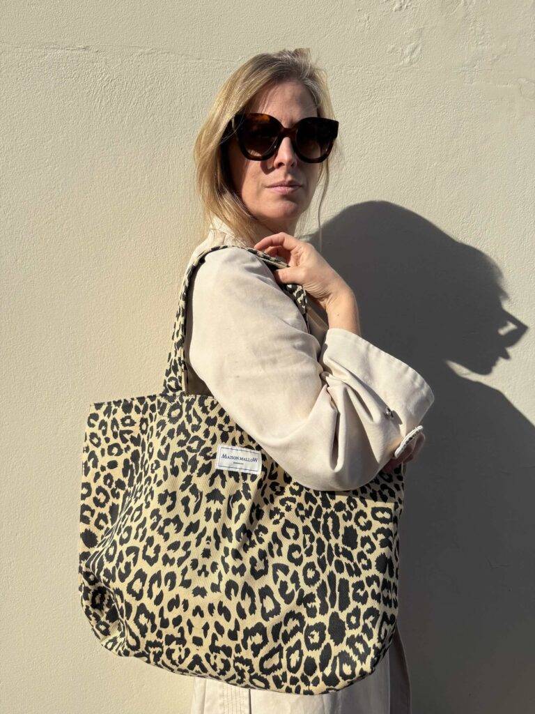 Maison Mallow - Sac Cabas Medium jean léopard noir et beige