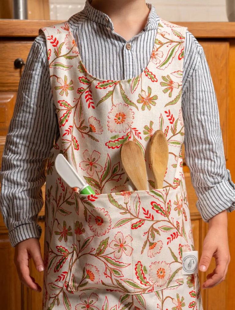 Maison Primavera - Tablier enfant en coton et lin à motif Prairie - La Clé des champs – 6-10 ans (59 cm de haut)