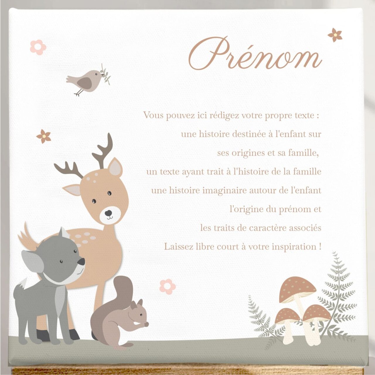 Toile animaux foret et texte sur mesure customall - Toile Prénom Personnalisée – Animaux de la Forêt (5 Modèles au Choix) – Ecureuil / Oui / Par nos soins avec maquette