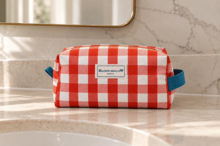 Maison Mallow - Trousse de toilette XXL vichy rouge corail et blanc – poignées bleues