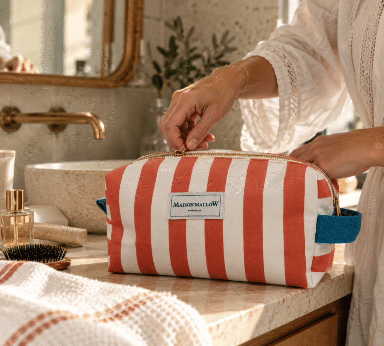 Maison Mallow - Trousse de toilette XXL à rayures rouge corail et blanc