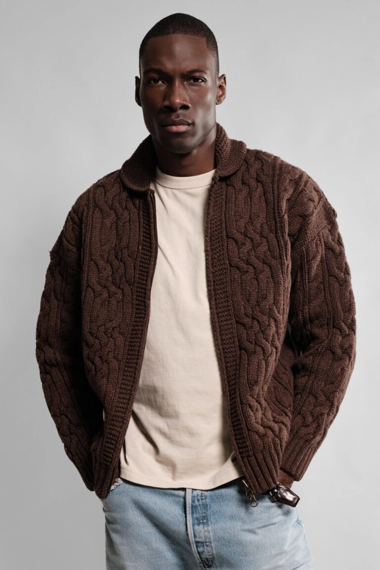 VESTE TORSADES CHOCO LAINE RECYCLEE OHANNES 2 Nitto Knitwear - Veste Ohannes - Choco – XL