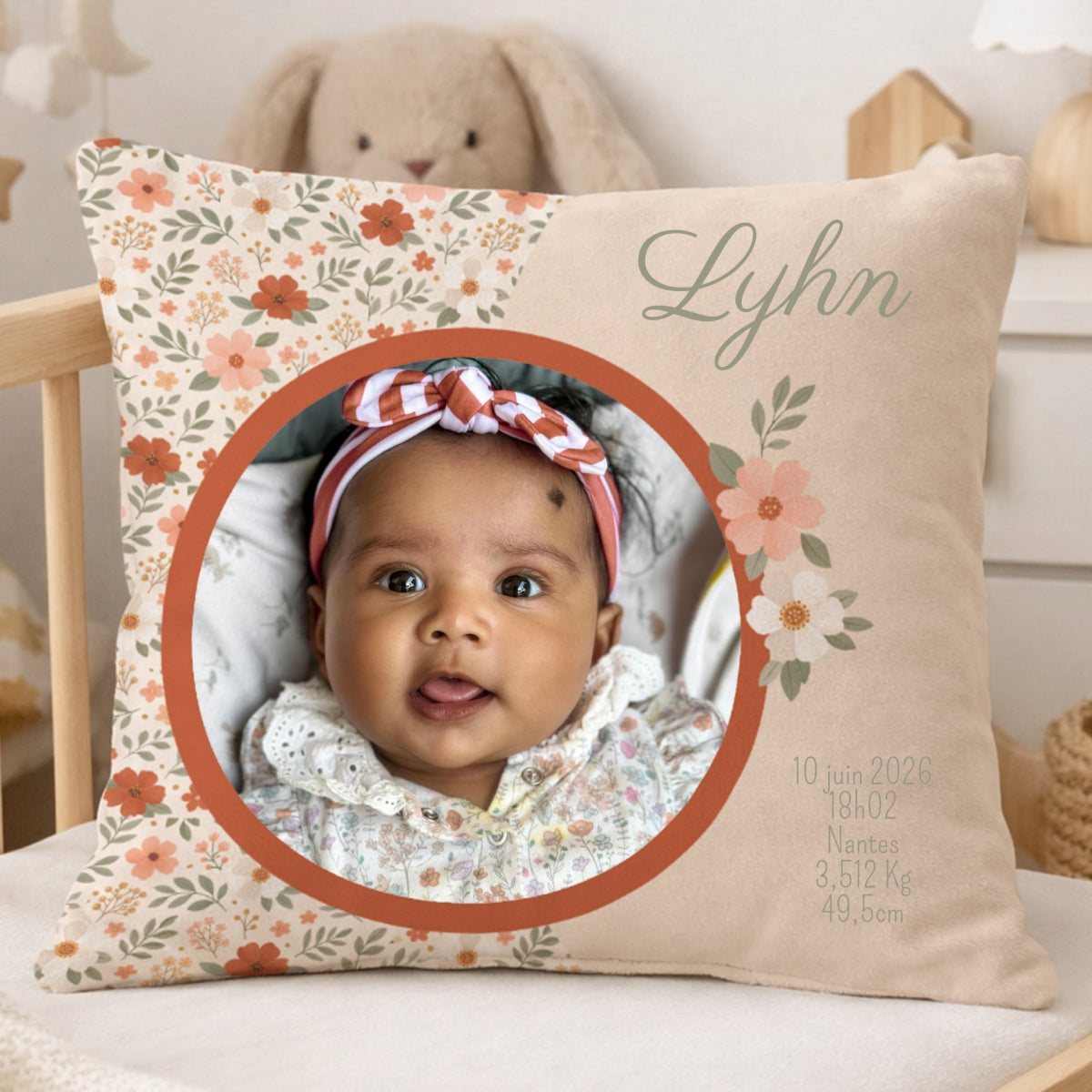 XjcjyDLRR i3lUxfP2T ffffff customall - Coussin photo naissance fille motif fleuri – Création artisanale Made in France – 40x40cm avec garniture / Oui