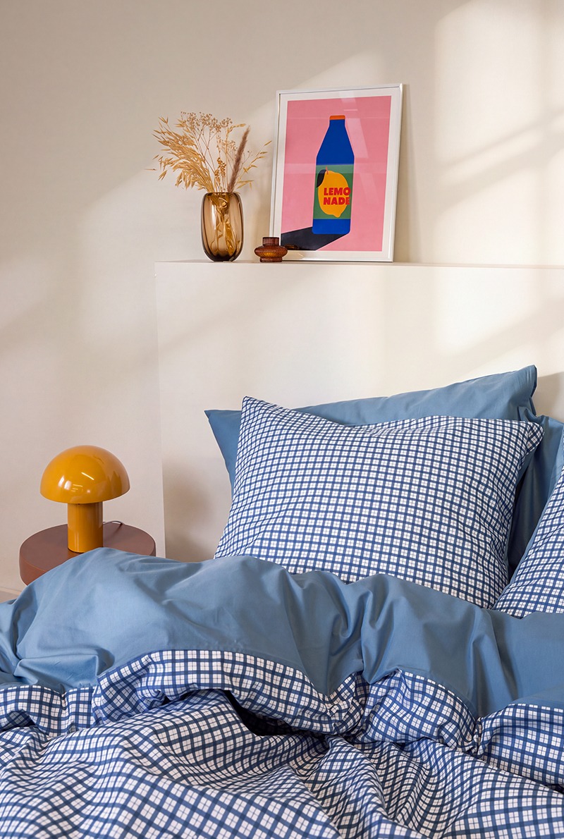 a demain parure vichy tartan bleu percale zoom z1 4 A demain - Parure en percale de coton biologique - Le Vichy Tartan Bleu